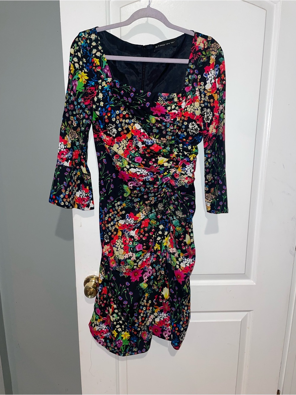 Etro Black Multicolor Floral Ruched Asymmetric Midi Dress 🖤 size 8 - Picture 3 of 9